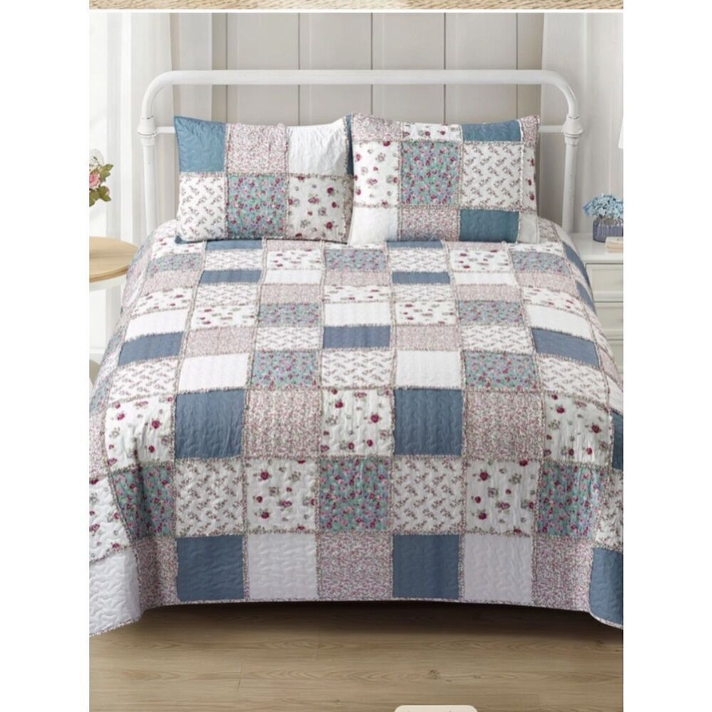 Cottage Farmhouse Patchwork Queen Rag Quilt Set Printed Floral Pattern Country